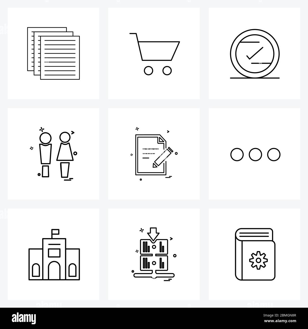 9 Universal Line Icons für Web und Mobile doc, Women, Check, men, female Vector Illustration Stock Vektor