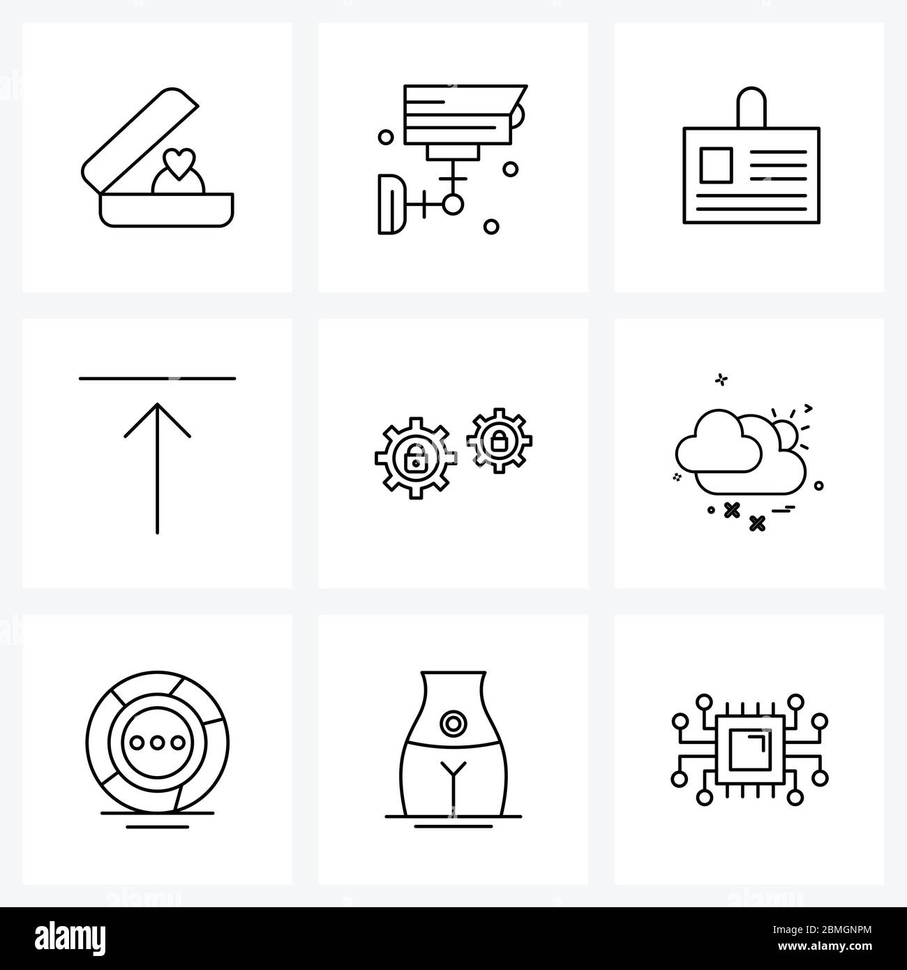 UI Set von 9 Basic Line Symbole gesperrt, Getriebe, Abzeichen, Upload, Pfeil Vektor Illustration Stock Vektor