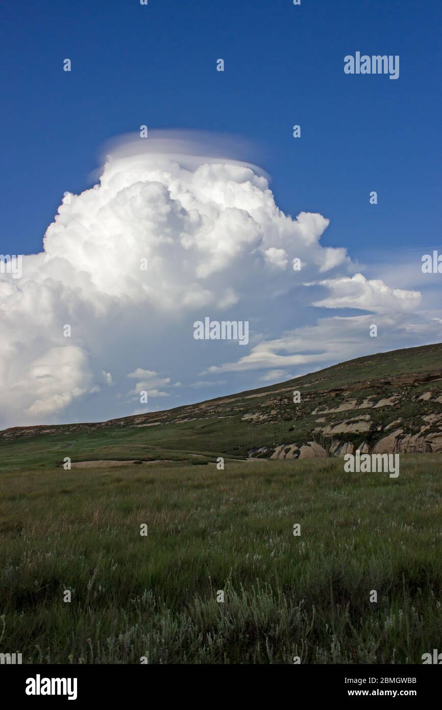 Eine linsenförmige Wolke auf einer großen Kumuluswolke über dem hoch gelegenen, Afromontane Grasland des Golden Gate National Park in Südafrika Stockfoto