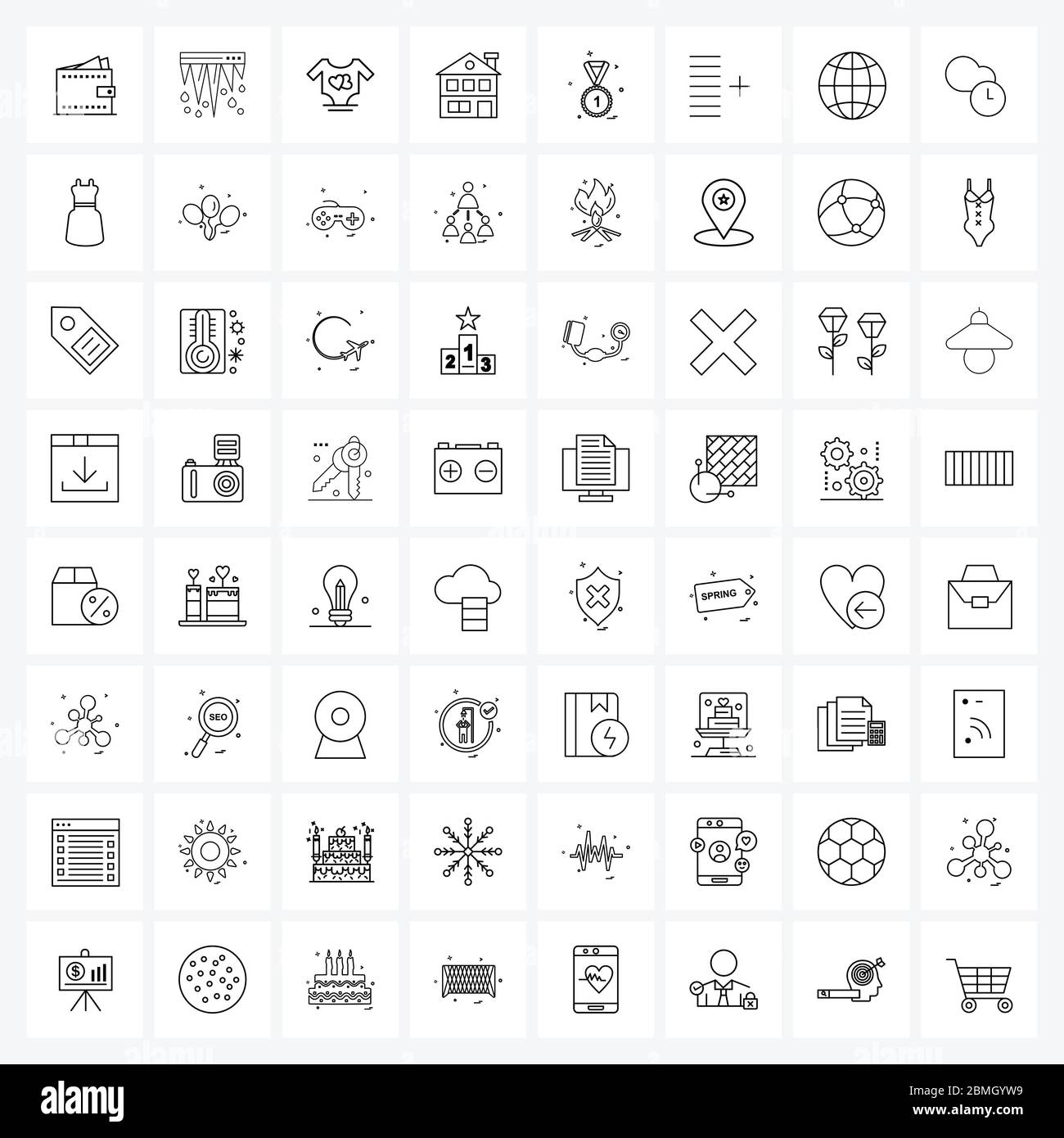 Mobile UI Line Icon Set von 64 modernen Piktogrammen der Medaille, Haus, Winter, Gebäude, Schönheit Vektor Illustration Stock Vektor