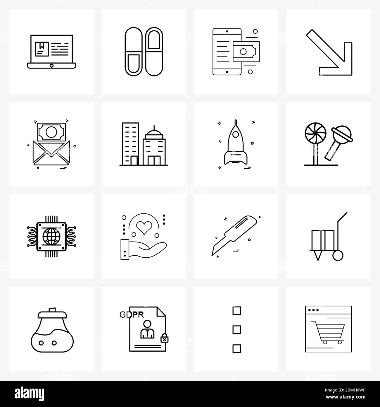 16 Universal Line Icons für Web und Mobile Building, Chart, Methode, Message, rechts Vektor Illustration Stock Vektor