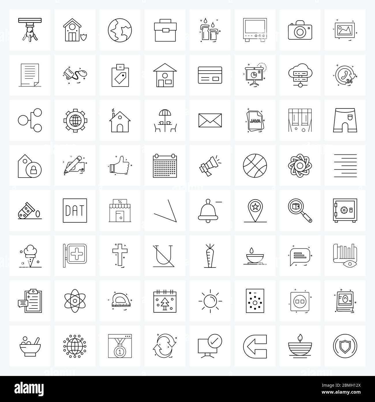 Universelle Symbole der 64 Modern Line Symbole der Beute, Religion, Erde, Bürotasche, Handtasche Vektor Illustration Stock Vektor
