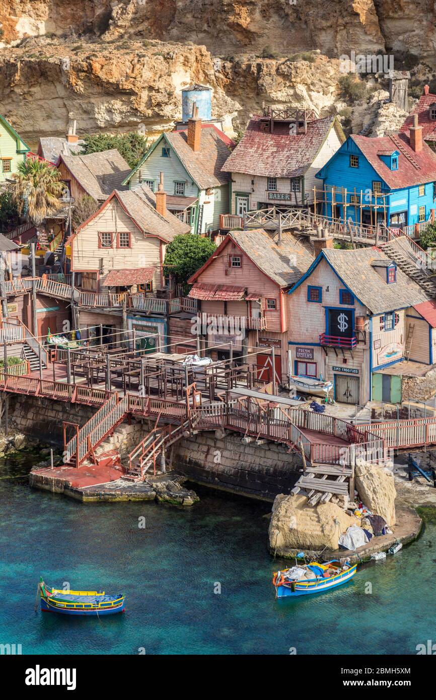 Popeye's Village, ein Filmset, das heute als Touristenattraktion genutzt wird, Malta Stockfoto