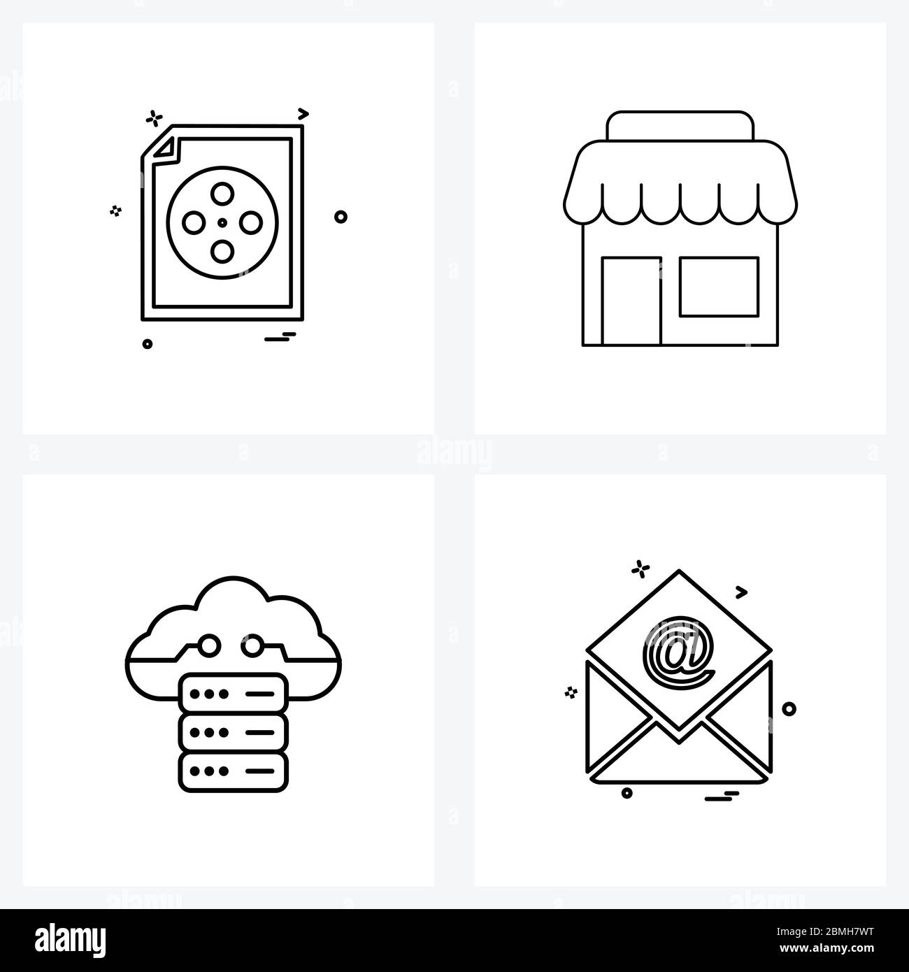 Set von 4 Modern Line Icons der Datei, Cloud-Datenbank, Datei-Design, Shop, Cloud-Server Vektor-Illustration Stock Vektor