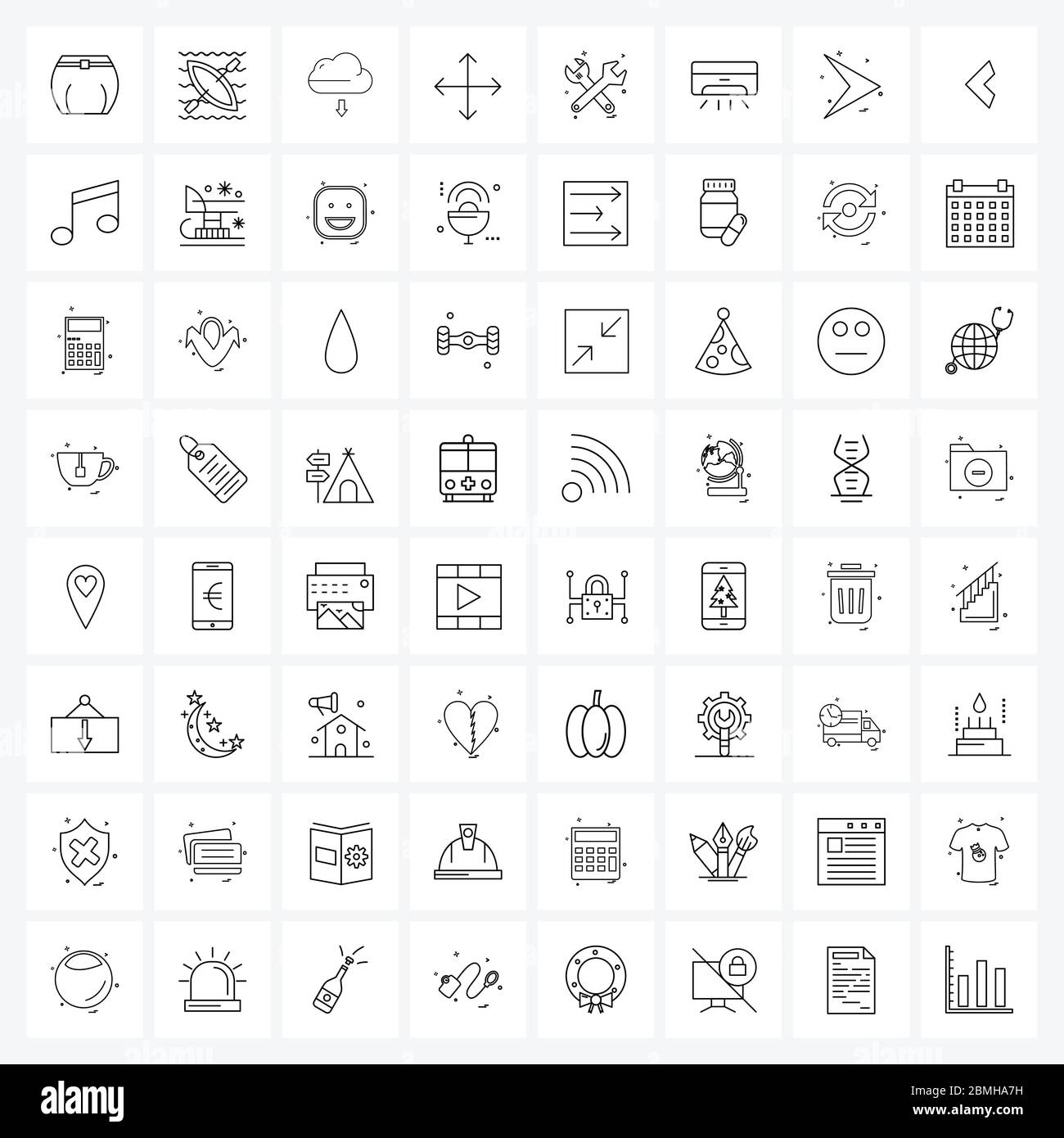 Packung mit 64 Universal Line Icons für Web-Anwendungen kleiner, erweitern, Gewichte, zurückziehen, Bibliothek Vektor-Illustration Stock Vektor