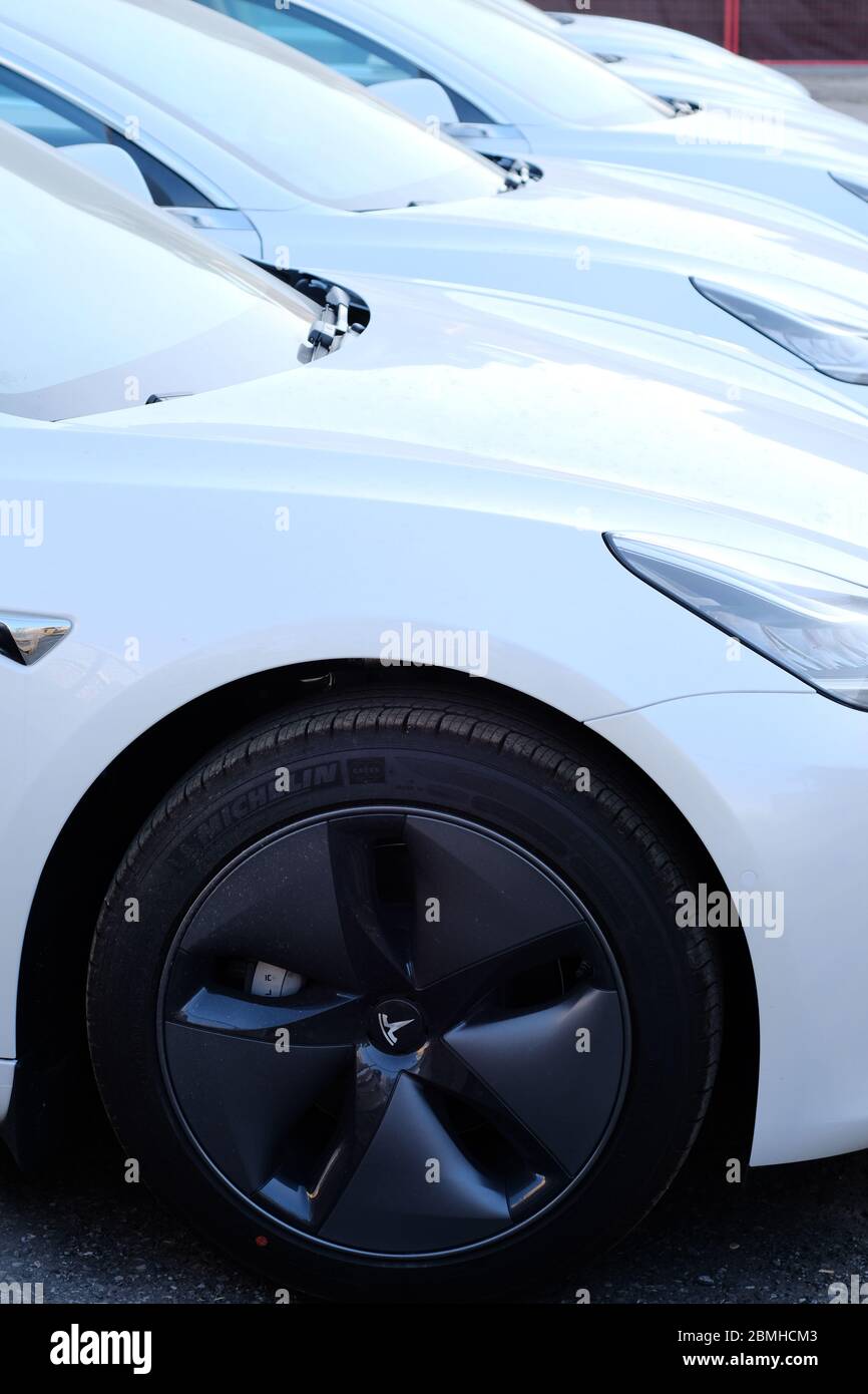 Reihe des neuen weißen Tesla Model 3 hinter dem Tesla Service Center auf der Carling Ave. In Ottawa, Ontario, Kanada. Stockfoto