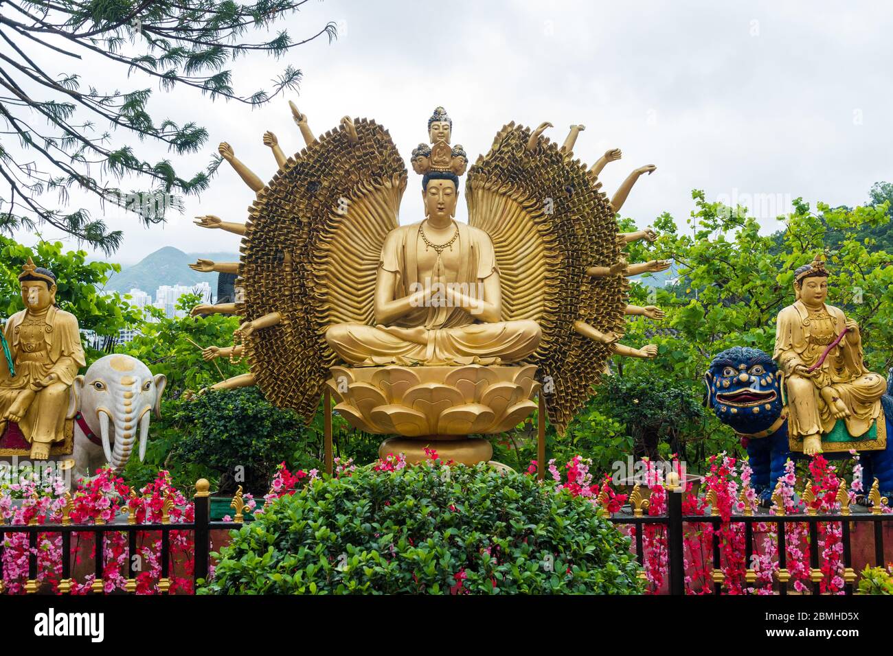 Sitzende goldfarbene Statuen im buddhistischen Tempel der zehntausend Buddhas in Pai Tau, New Territories, Hongkong Stockfoto