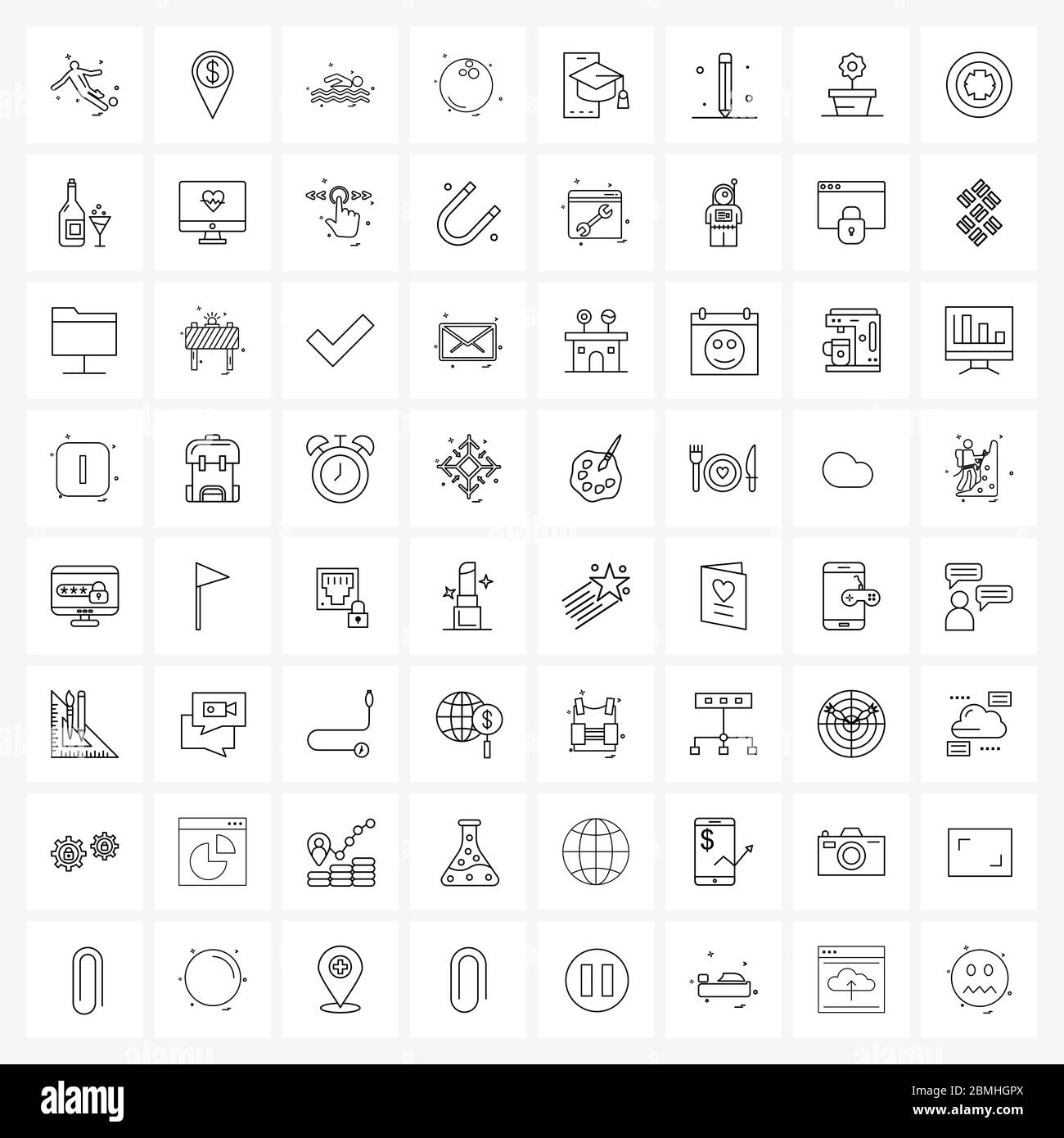 64 Universal Line Icon Pixel Perfect Symbole für Bearbeitung, Bildung, Spiele, Mütze, Sport Vektor Illustration Stock Vektor