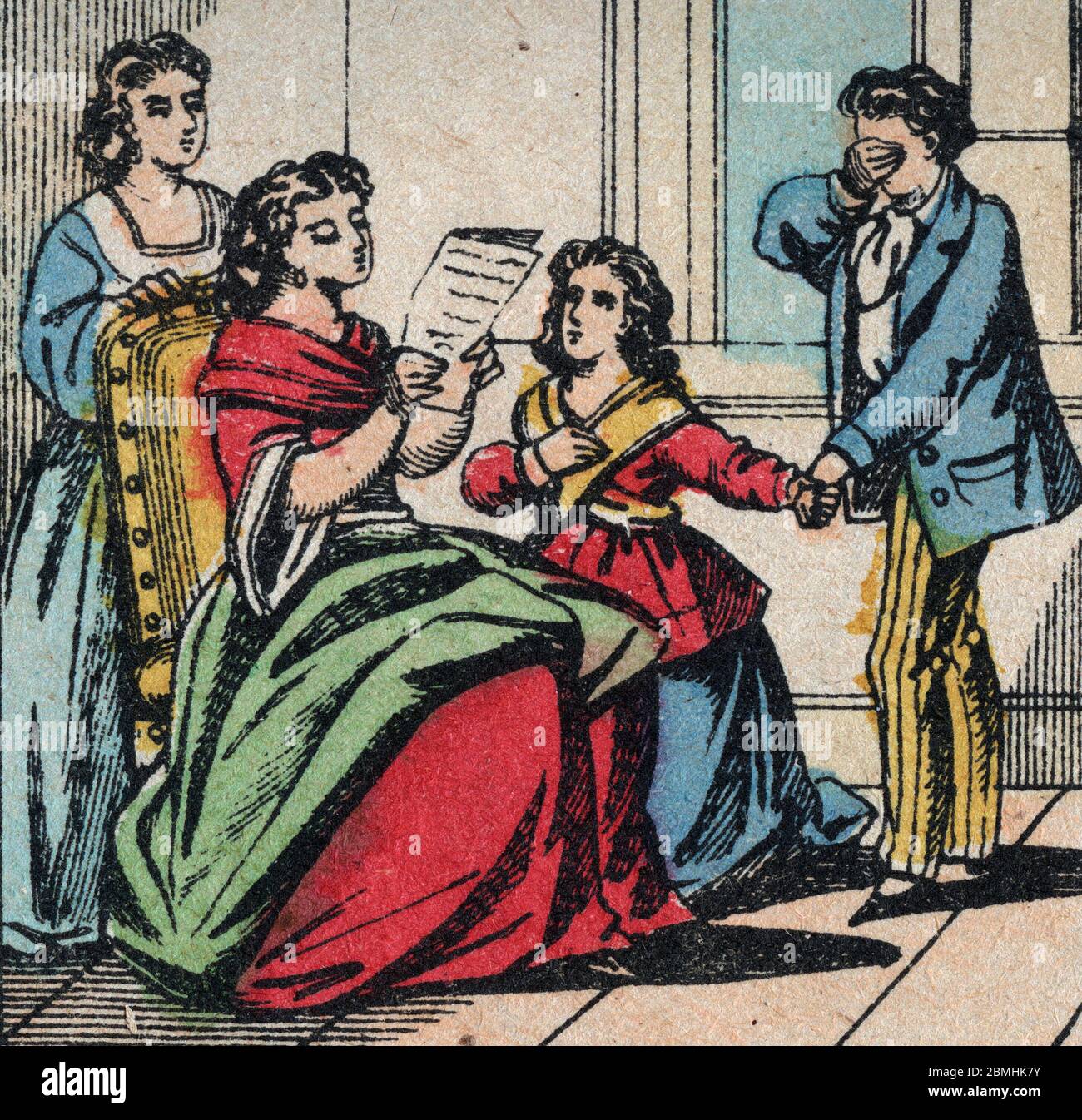 Illustration de 'Paul et Virginie' de Bernardin de Saint Pierre (1737-1814) : la Mere de Virginie recoit une lettre de France d'une tante voulant fair Stockfoto