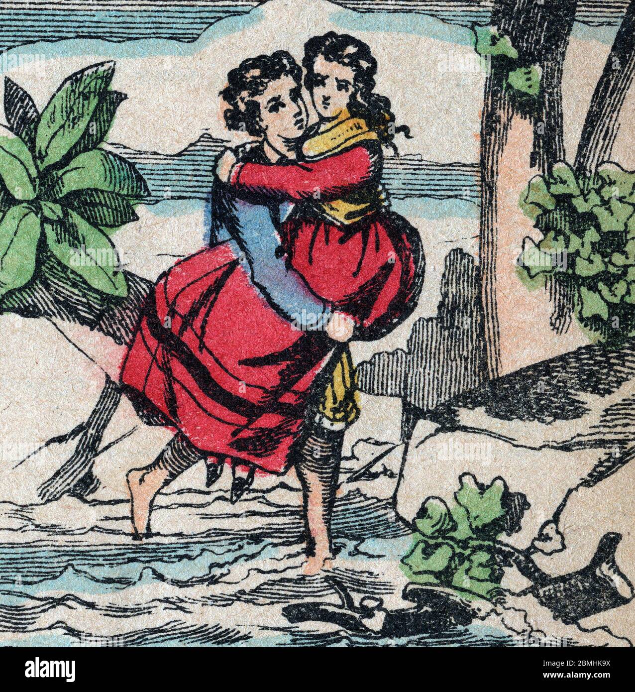 Illustration de 'Paul et Virginie' de Bernardin de Saint Pierre (1737-1814) : Paul prend Virginie dans ses bras pour traverser un torrent - Paul et VI Stockfoto