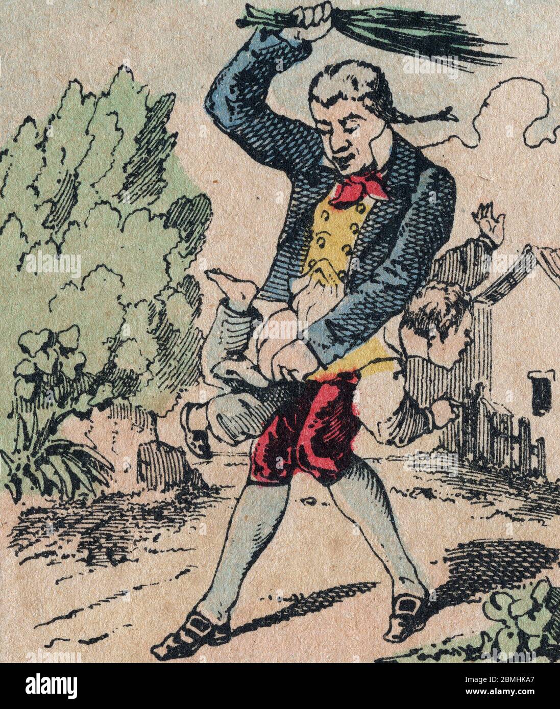 Le pere fouettard, personnage Legendaire du Folklore, punissant les enfants pas sages avec son fouet, leur donnant la fessee, image d'Epinal, 19eme si Stockfoto