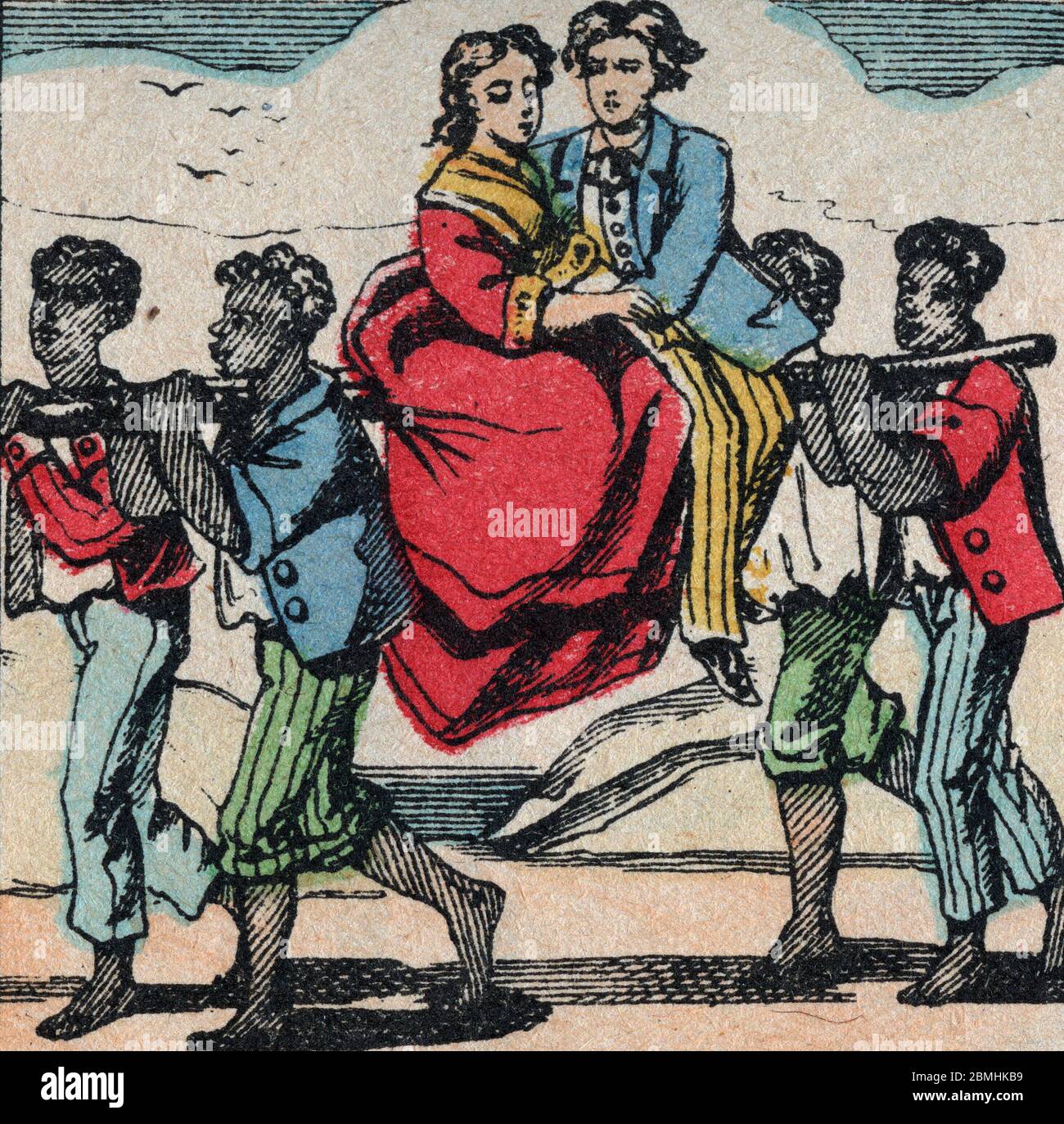 Illustration de 'Paul et Virginie' de Bernardin de Saint Pierre (1737-1814) : Paul et Virginie s'etant egares dans la nature sont ramenes par des Negr Stockfoto