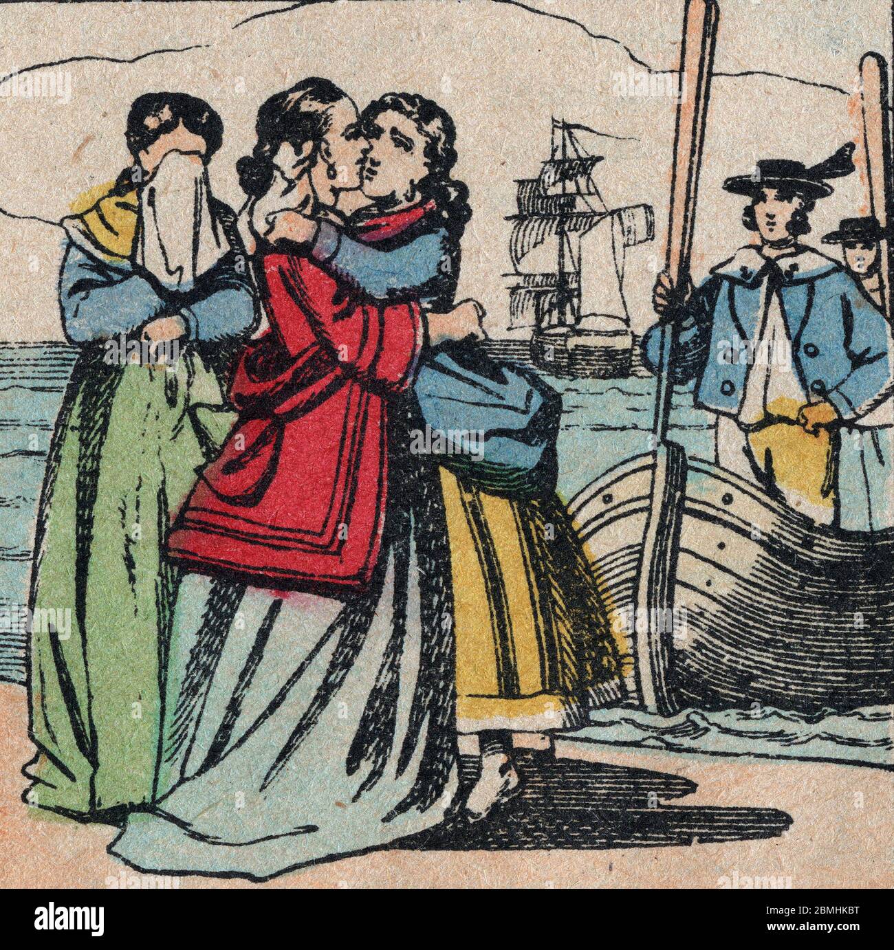 Illustration de 'Paul et Virginie' de Bernardin de Saint Pierre (1737-1814) : Virginie est emmene a Bord d'un navire partant pour la France, loin de P Stockfoto