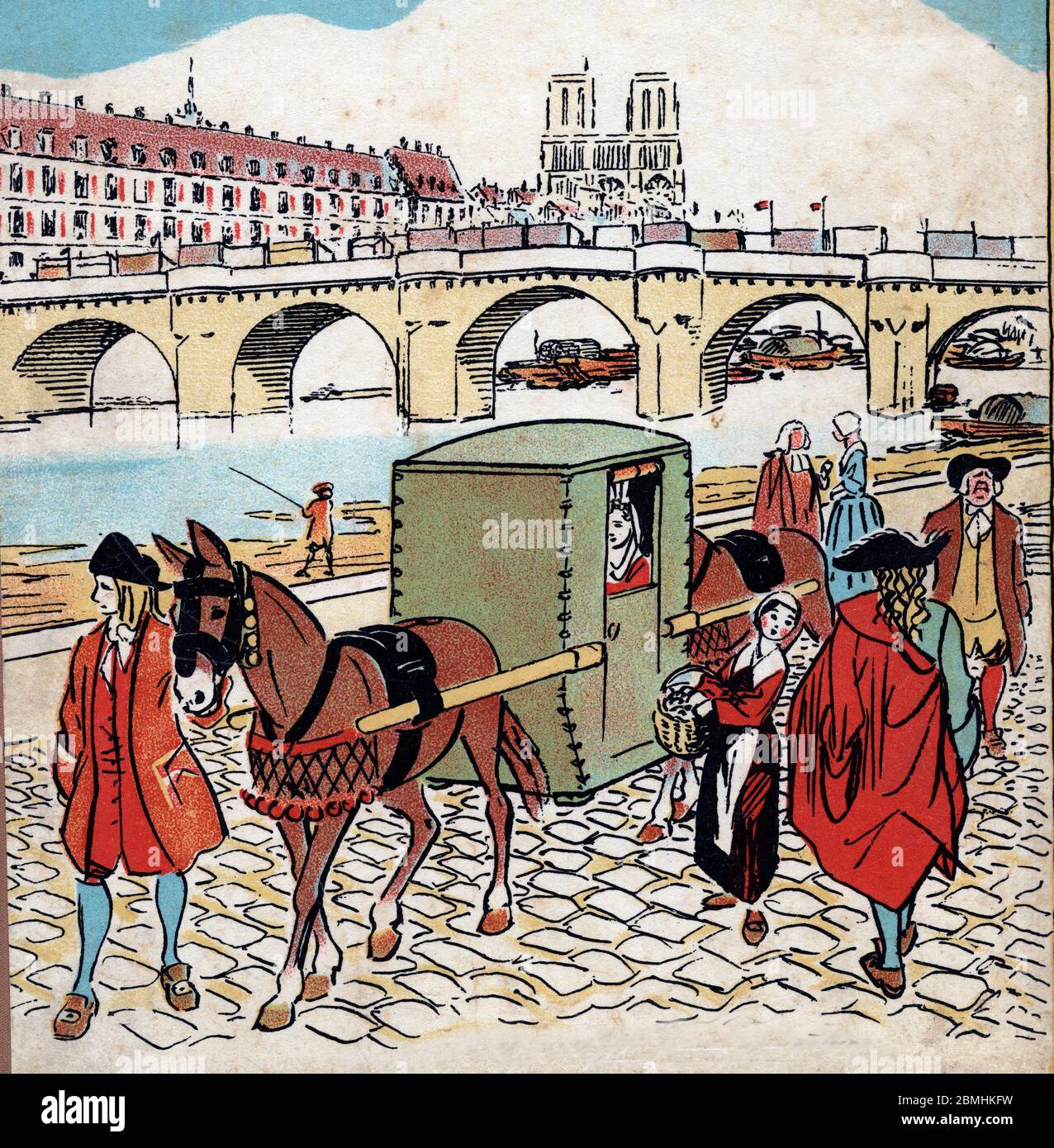Vue des quais de seine a Paris, la cathedale Notre-Dame est visible en arriere Plan, au temps de Louis XIV (1638-1715); 17eme Siecle (Blick auf die sei Stockfoto