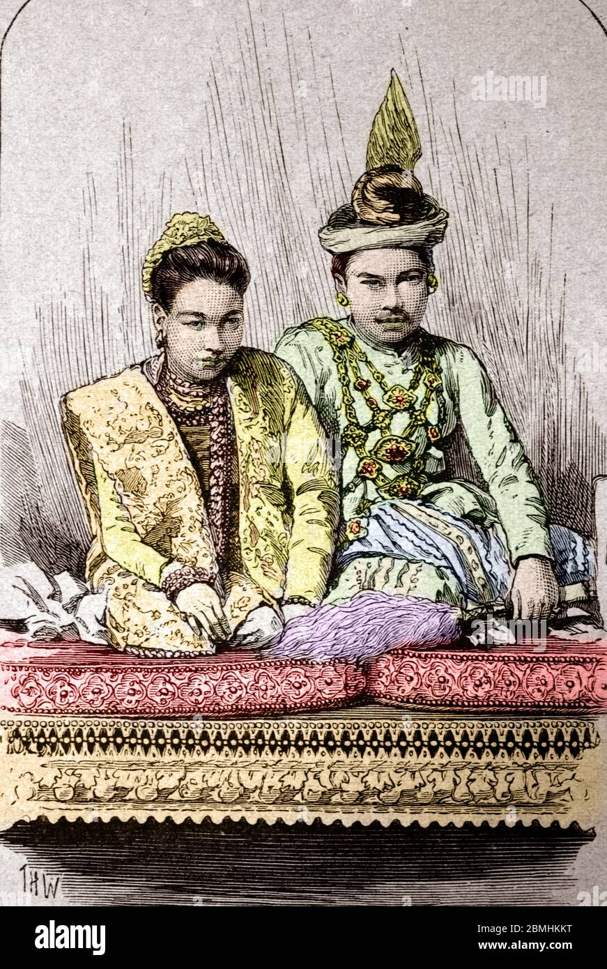 Portrait de Supayalat (1859-1925), derniere reine de Birmanie et son epoux et demi frere Thibaw Min (Thibaw, Theebaw ou Theobaw) (1859-1916) (Königin Su Stockfoto
