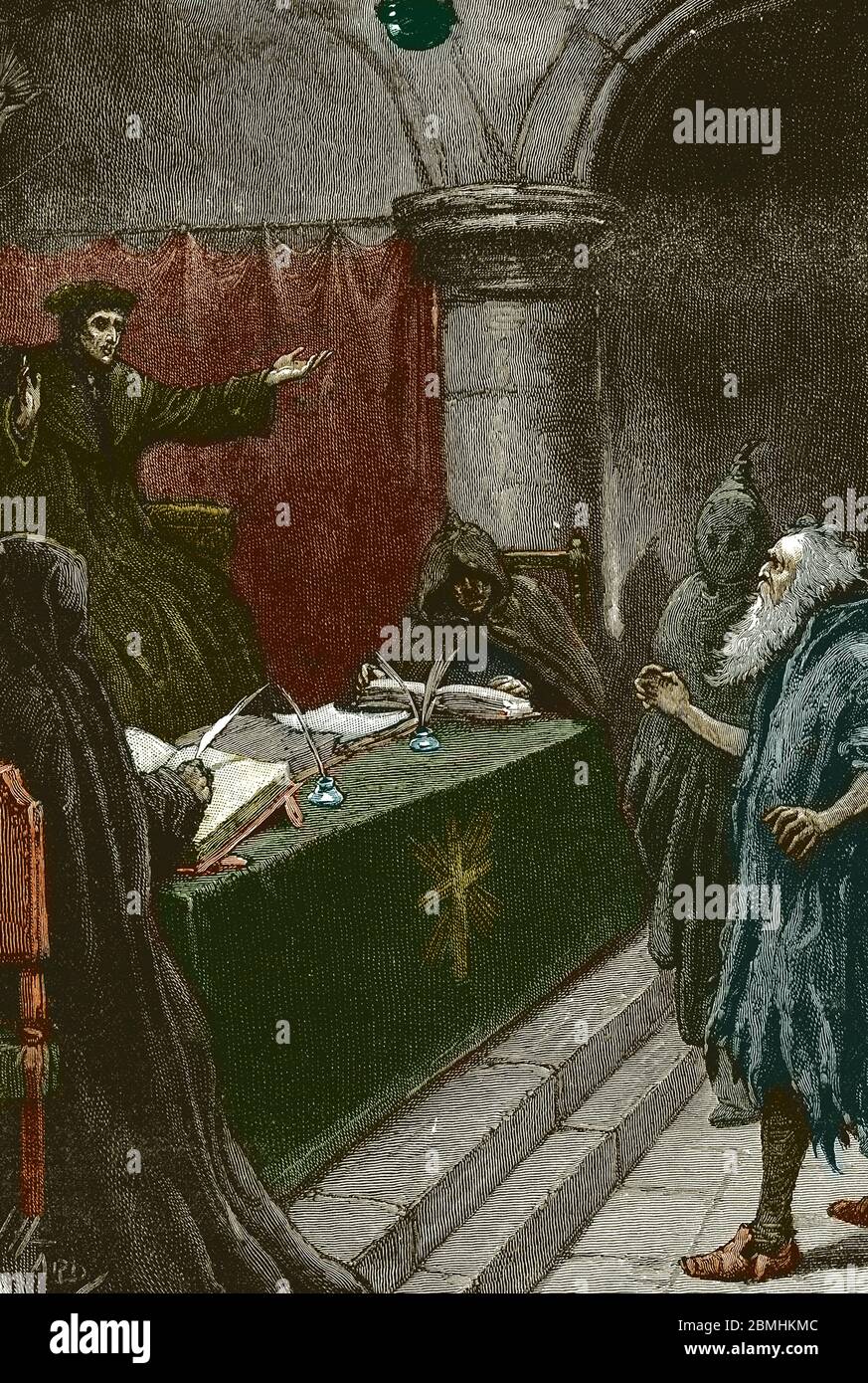 Inquisition et Expulsion des Juifs d'Espagne : un juif espagnol devant le Grand inquisiteur vers 1492 au Moment de la publication du decret de l'Alham Stockfoto