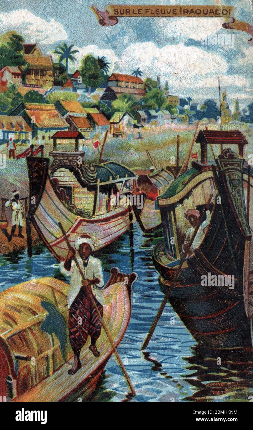 'Circulation de bateaux de Commerce sur le fleuve Irrawaddy (Ayeyarwady, Irraouadi ou Irraouaddi) Birmanie (Myanmar) (Ansicht des Schiffsverkehrs auf dem Rive Stockfoto
