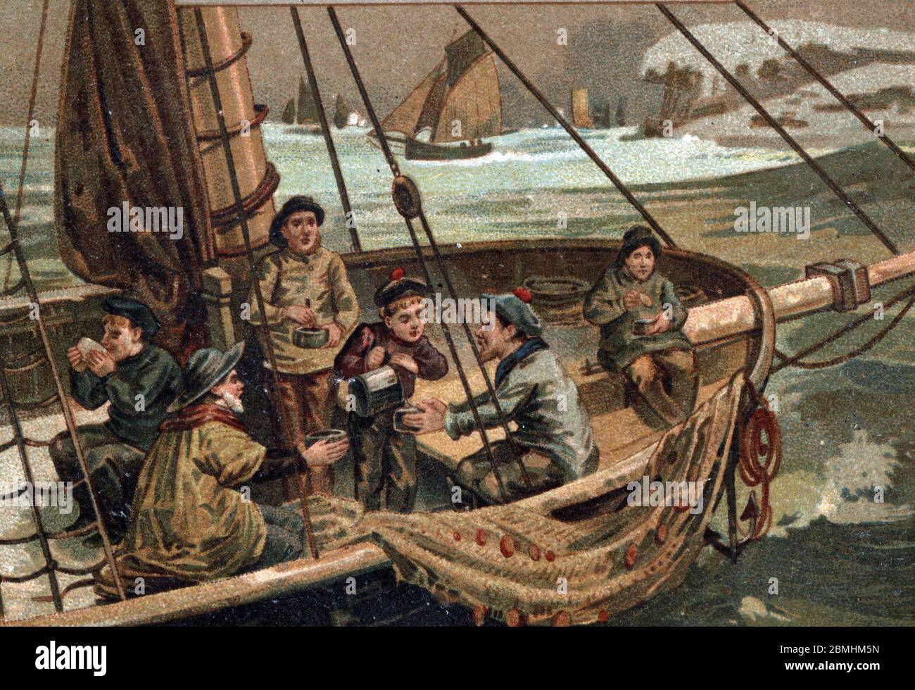 'marins pecheurs se rechauffant en buvant de la soupe sur le pont de leur bateau' (Fischer trinken Suppe zum Aufwärmen auf dem Deck ihres Bootes) CHRO Stockfoto