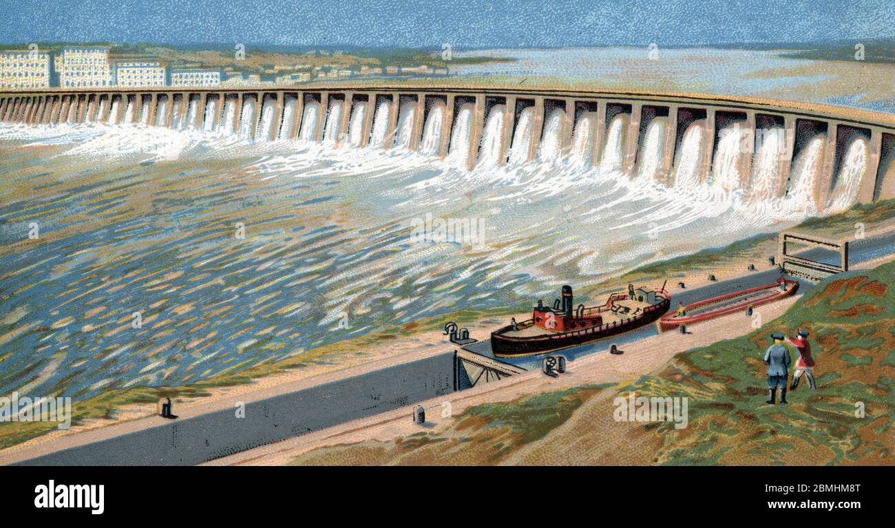 „Vue du Barrage du Dnieprostroi ou 'projet de construction du Dniepr', centrale hydroelectrique en Ukraine (DnieproGuES), MIS en Service en 1932 faisa Stockfoto