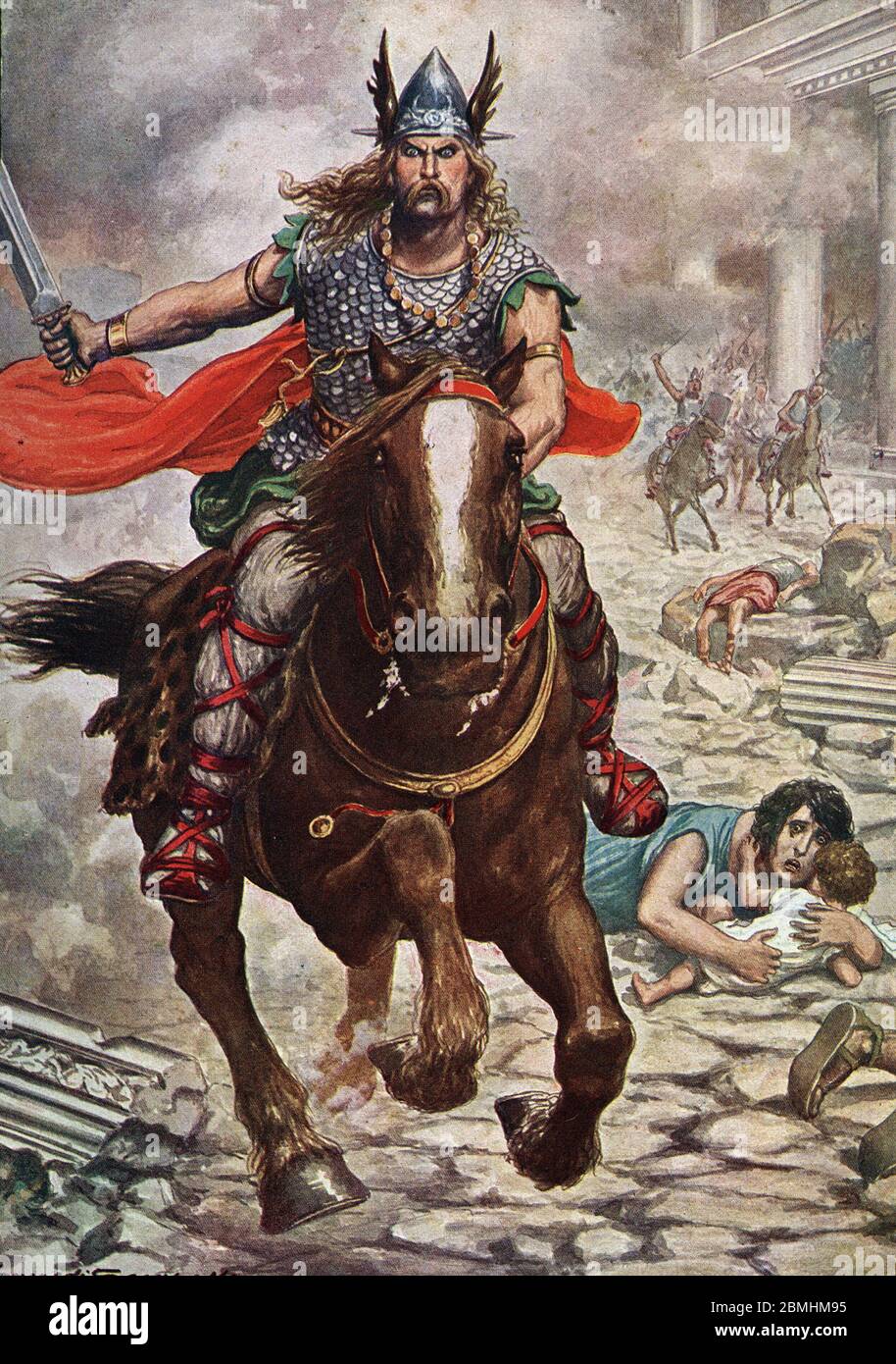 'Attila (Vers 406-453), roi des Huns, saccageant la ville lors du Siege d'Aquilee (Aquileia) en Italie, 18/07/452' (Attila der Hun, der den Cit zerstört Stockfoto