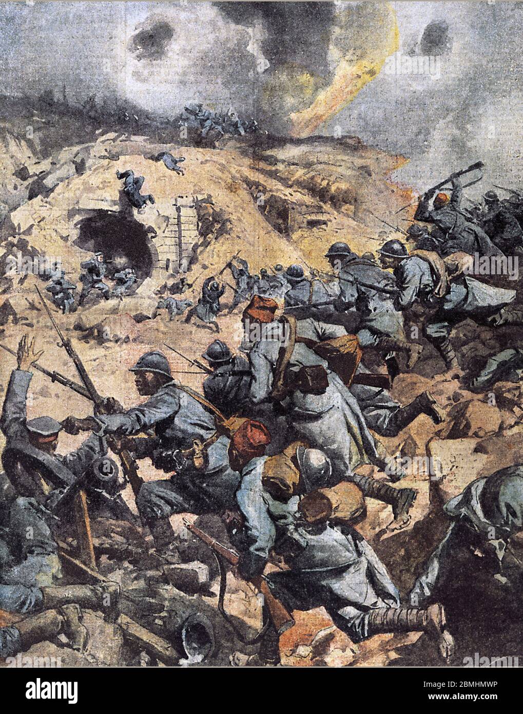 Premiere guerre mondiale : 'les troupes coloniales (Regiment d'infanterie marocain, tirailleurs senegalais) prenant d'assaut le fort de Douaumont pres Stockfoto