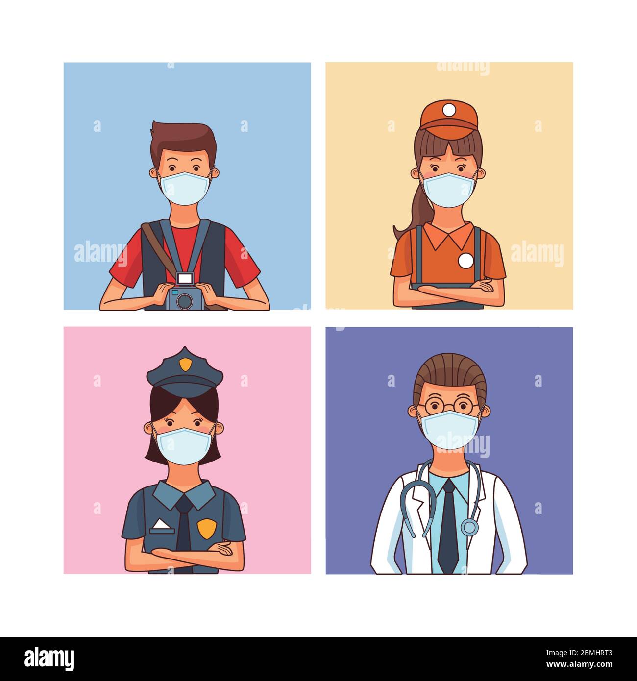 Gruppe von Arbeitern, die Gesichtsmasken für covid19 verwenden Stock Vektor