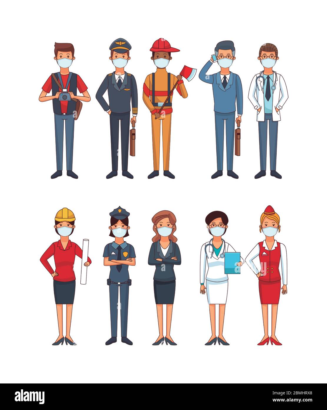 Gruppe von Arbeitern, die Gesichtsmasken für covid19 verwenden Stock Vektor