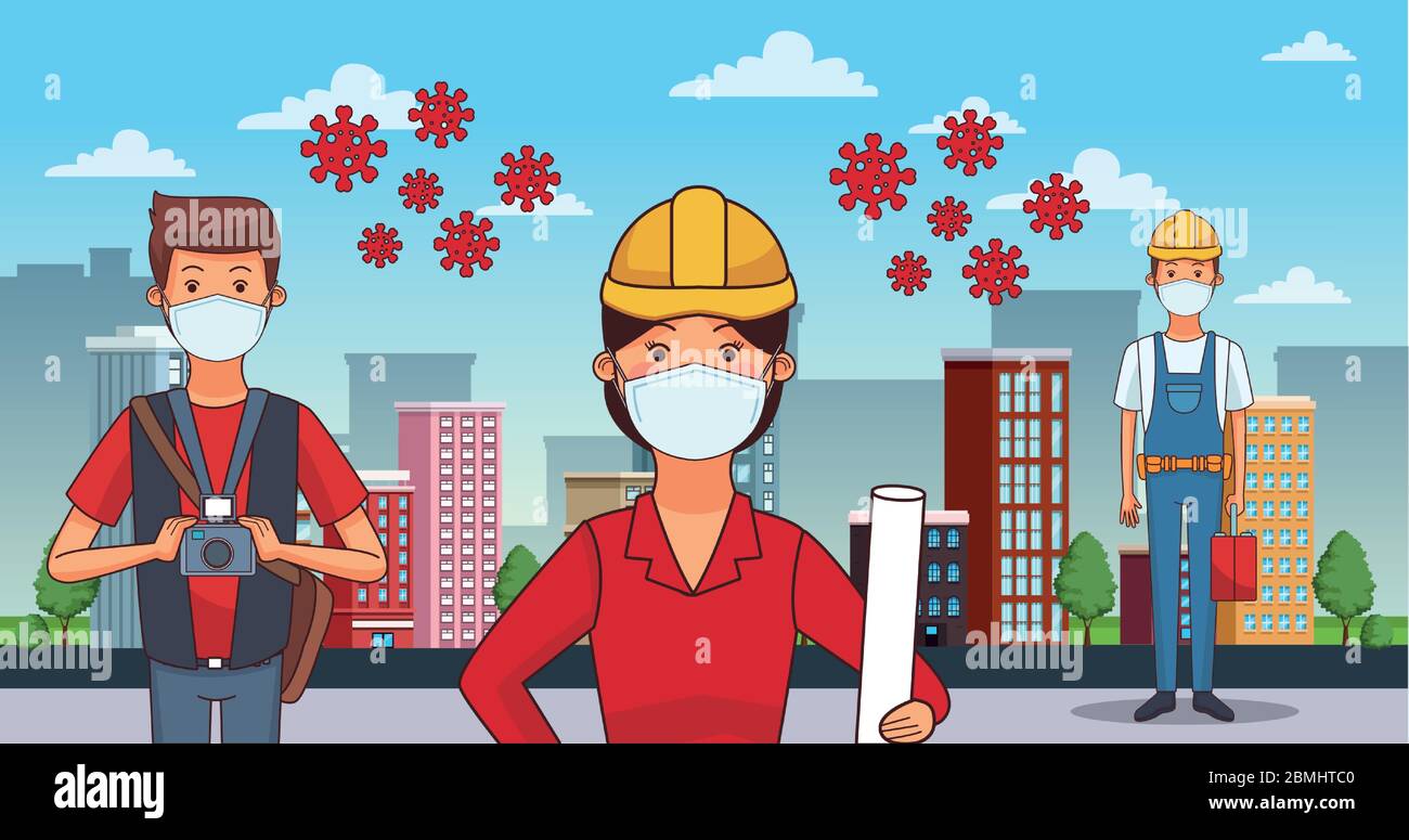 Gruppe von Arbeitern, die Gesichtsmasken für covid19 verwenden Stock Vektor