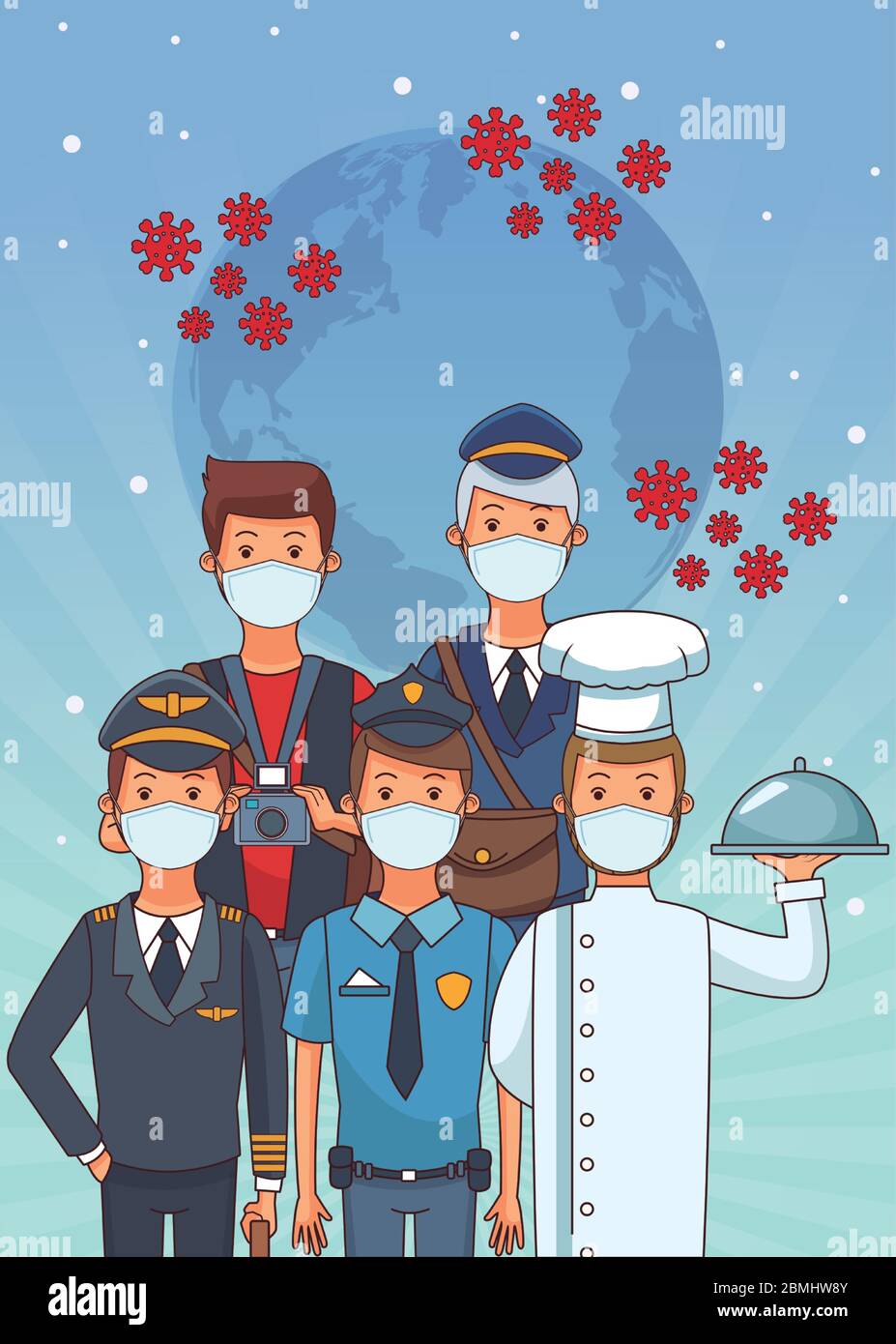 Gruppe von Arbeitern, die Gesichtsmasken für covid19 verwenden Stock Vektor