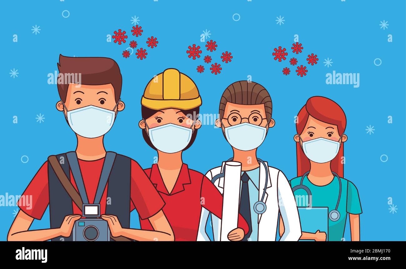 Gruppe von Arbeitern, die Gesichtsmasken für covid19 verwenden Stock Vektor