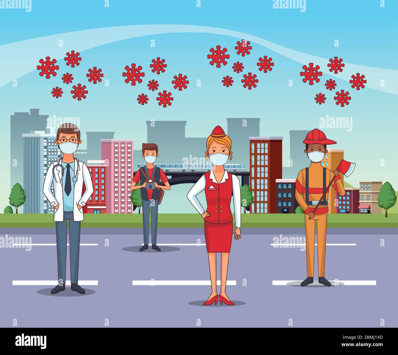Gruppe von Arbeitern, die Gesichtsmasken für covid19 verwenden Stock Vektor
