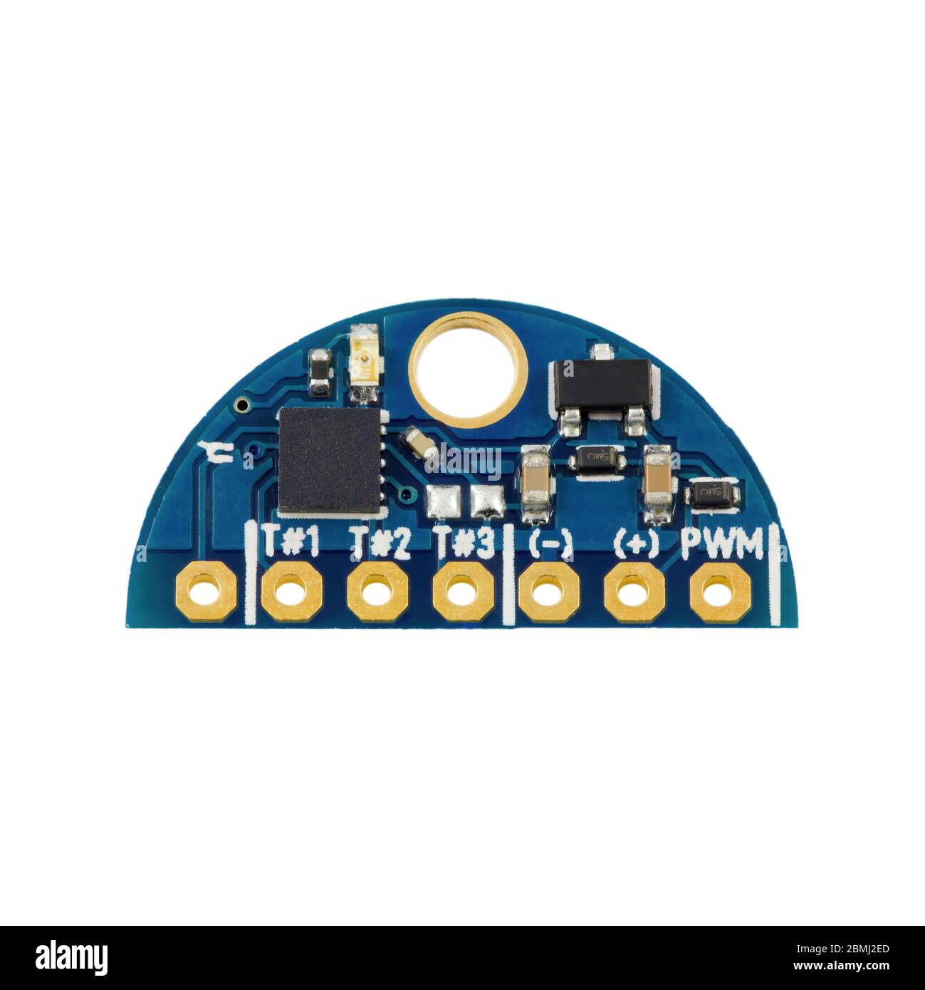 Blaue halbrunde LED-Impulsbreitenmodulation Dimmer Leiterplatte SMD-Komponenten in einer Nahaufnahme von oben Stockfoto