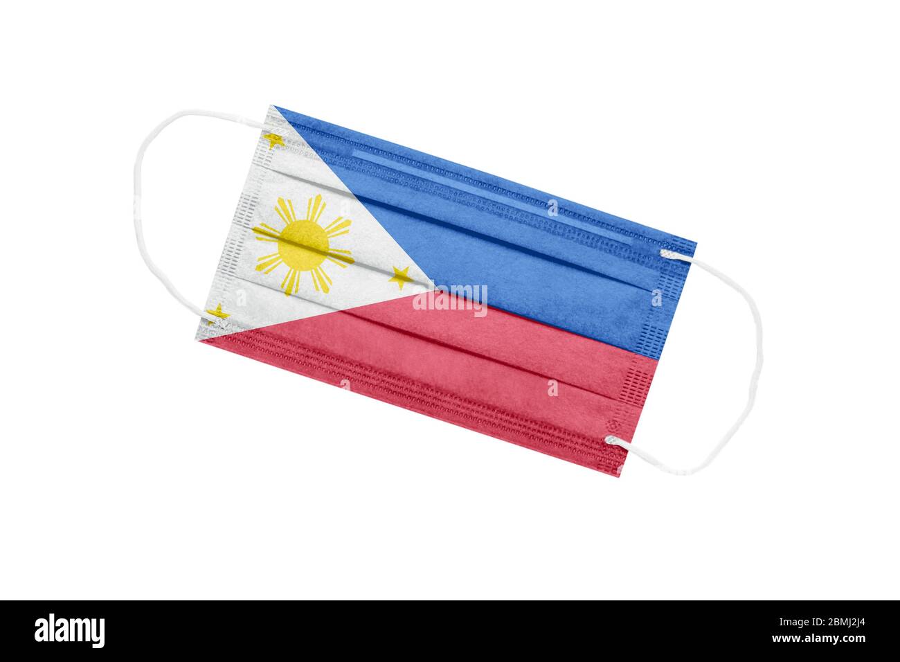 Medizinische Maske mit Flagge der philippinen isoliert auf weißem Hintergrund. Konzept der Pandemie auf den Philippinen. Coronavirus Ausbruch Attribut auf den Philippinen. M Stockfoto