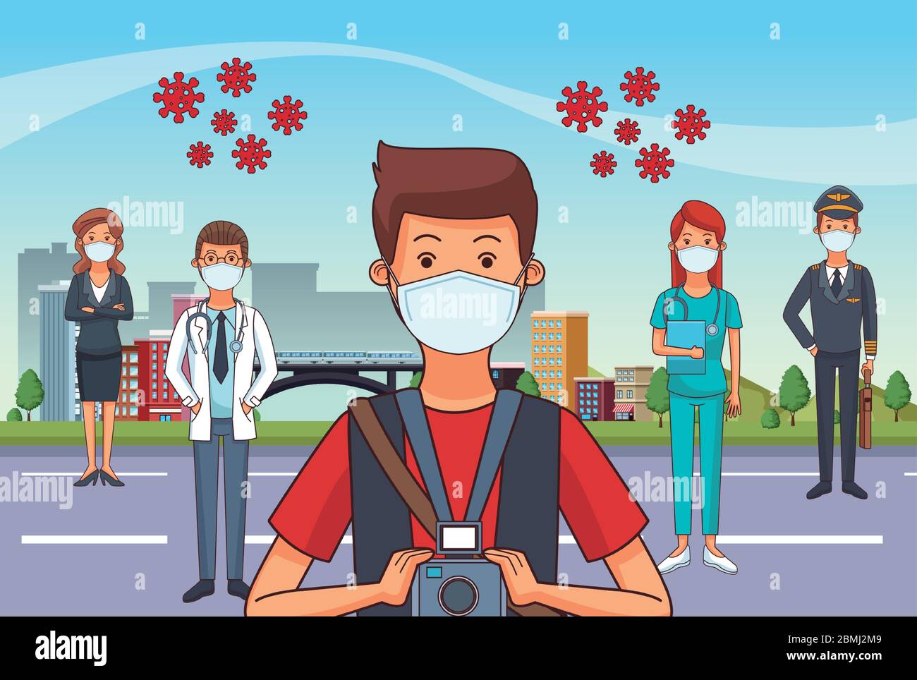 Gruppe von Arbeitern, die Gesichtsmasken für covid19 verwenden Stock Vektor