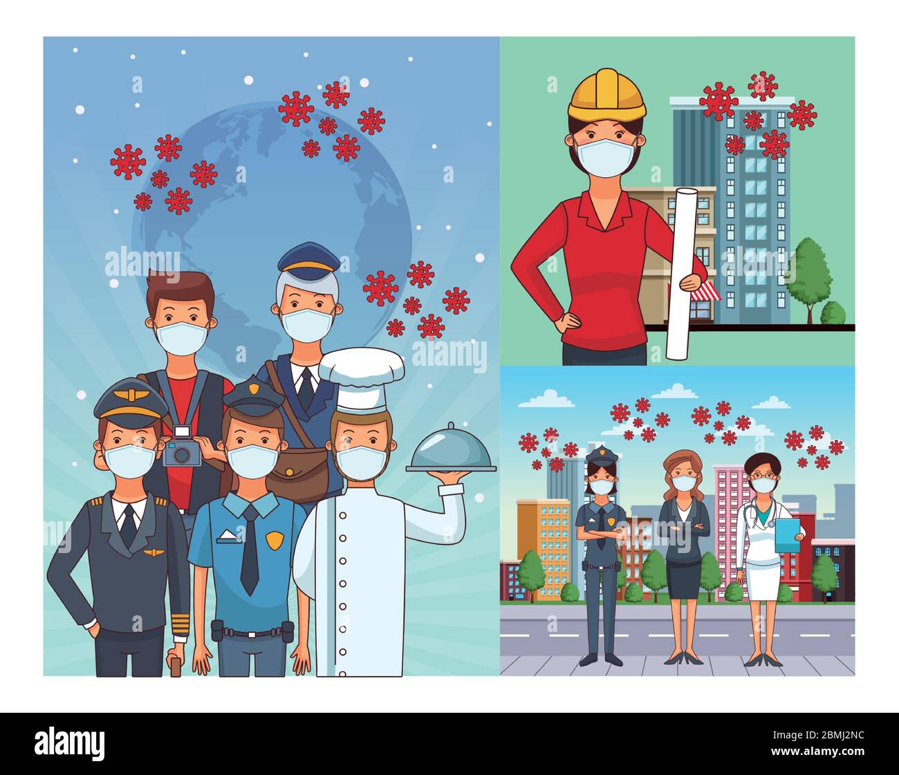 Gruppe von Arbeitern, die Gesichtsmasken für covid19 verwenden Stock Vektor