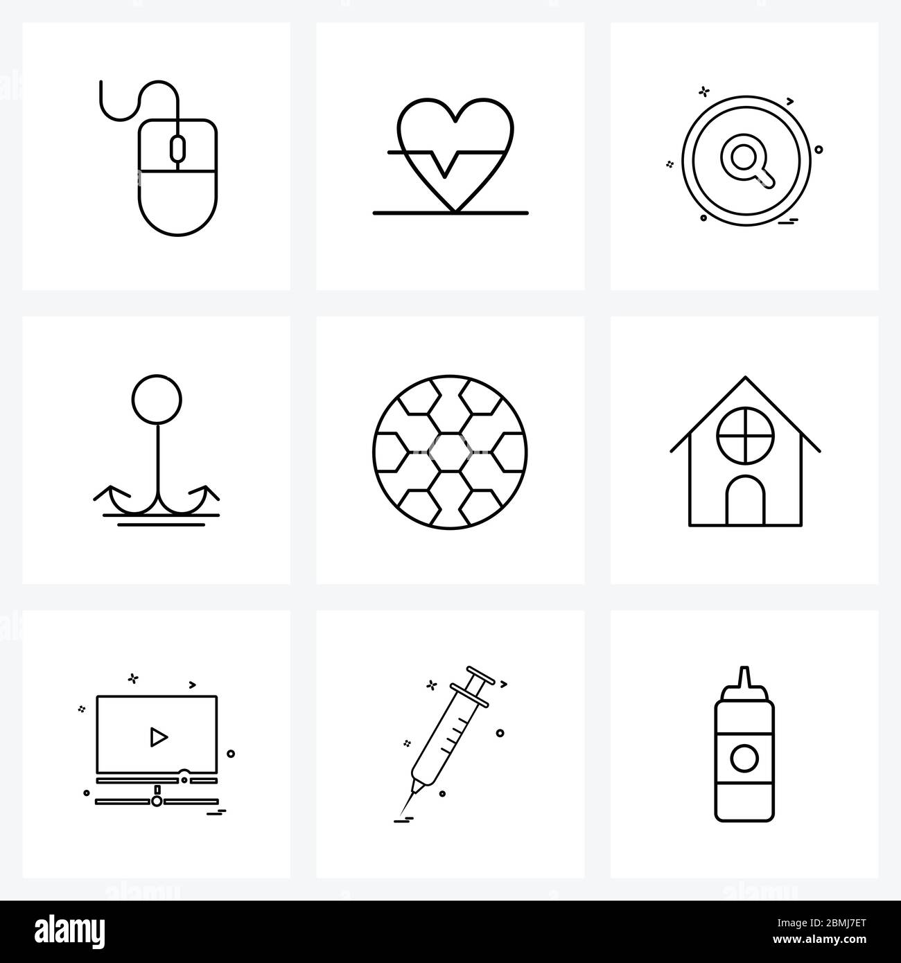 9 Universal Line Icons für Web und Mobile Golf, Berg, Medien, Angeln, Camping Vektor Illustration Stock Vektor