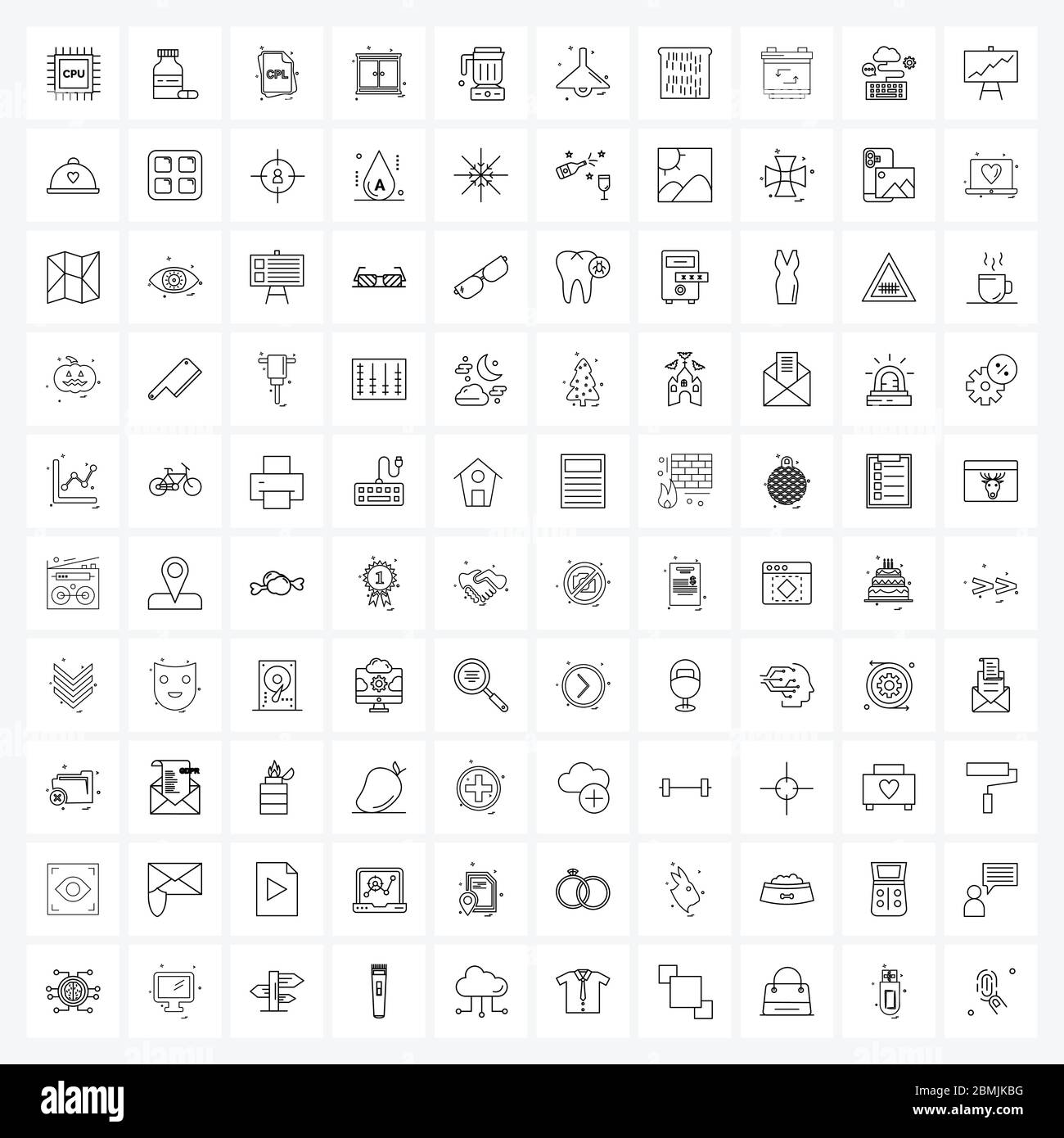 Satz von 100 Linien Symbole und Symbole für Kochen, Mixer, Dateityp, Schrank, Möbel Vektor Illustration Stock Vektor