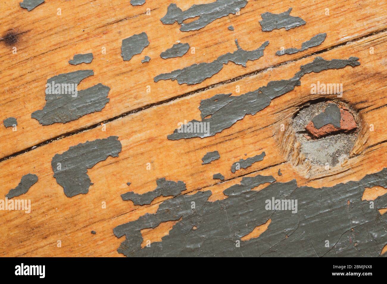 Holzhintergrund mit Nagel. Grunge Holzstruktur Nahaufnahme. Alte raue Oberfläche mit schäbiger Farbe und Kratzern Stockfoto