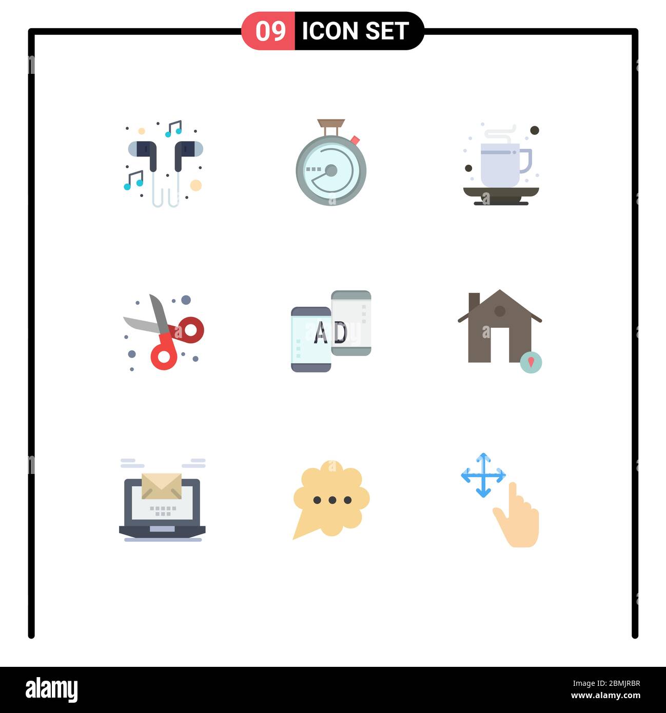 Set von 9 modernen UI-Symbole Symbole Symbole Zeichen für Schere, Schnitt, Ort, zurück zur Schule, trinken editierbare Vektor-Design-Elemente Stock Vektor