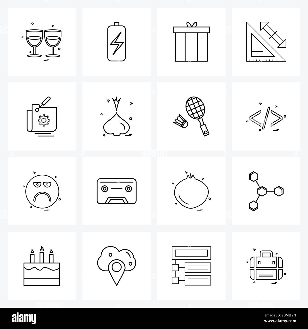 16 Universal Line Icons für Web und Mobile Schraubendreher, Ausrüstung, Geschenkbox, Waage, Web Vektor Illustration Stock Vektor