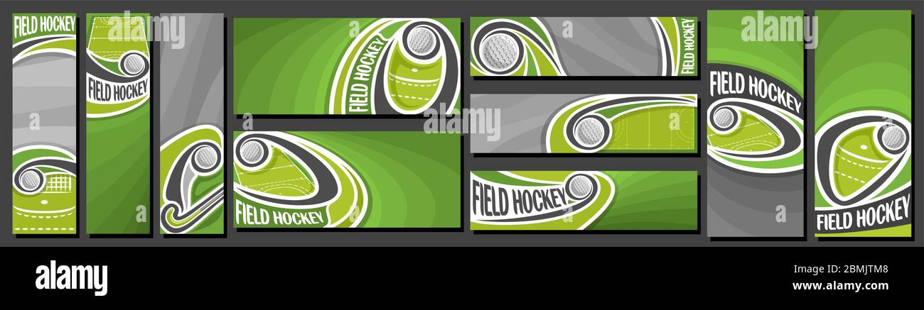 Vektor-Set von Feldhockey Banner, vertikale und horizontale dekorative Vorlagen für Feldhockey-Veranstaltungen mit Illustration des Fliegens auf Kurve trajecto Stock Vektor