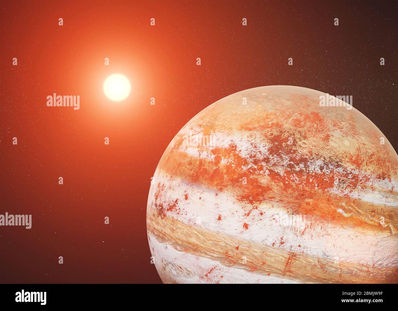 Roter Jupiter wie ein fiktionaler Planet im Weltraum mit aufgehender Sonne aus nächster Nähe. 3D-Renderdarstellung. Elemente des Bildes wurden von der NASA bereitgestellt Stockfoto