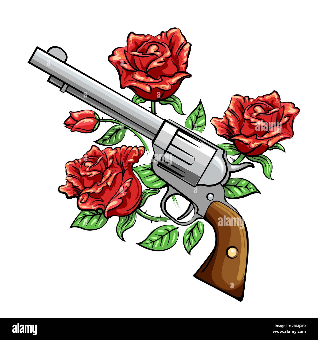 Revolver Gun und Rose Blumen gezeichnet im Tattoo-Stil. Vektorgrafik. Stock Vektor