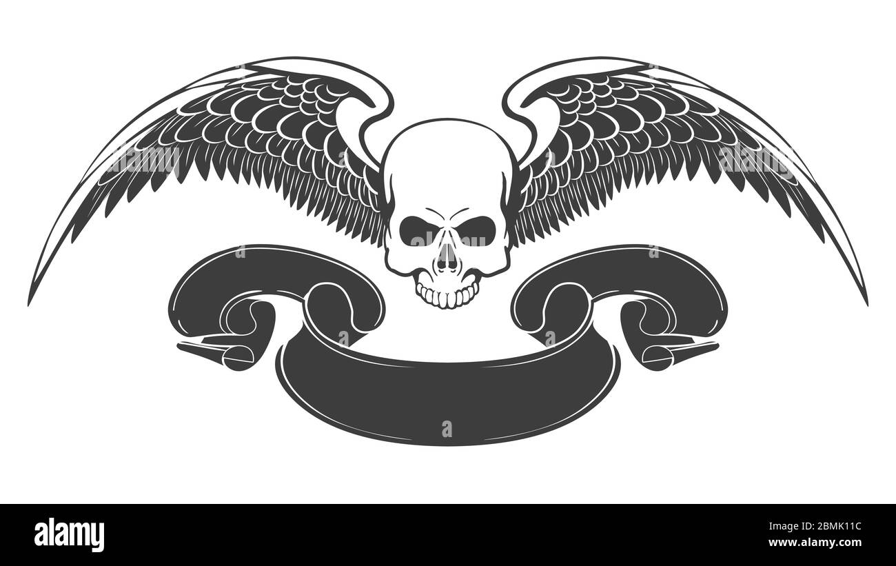 Vintage monochrome Logo Vorlage mit Totenkopf und Adler Flügel mit Band isoliert auf weiß. Vektorgrafik Stock Vektor