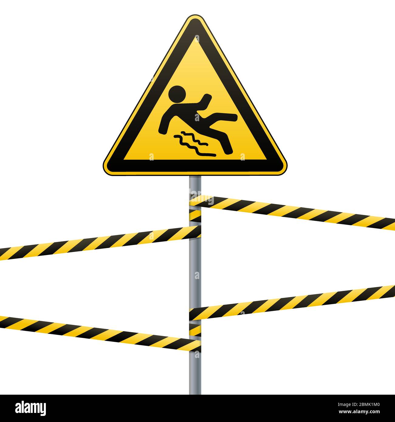 Vorsicht - Gefahr Vorsicht vor rutschigem Untergrund. Sicherheitsschild. Das dreieckige Schild auf einem Metallmast mit Warnbändern. Weißer Hintergrund. Vektor Stock Vektor