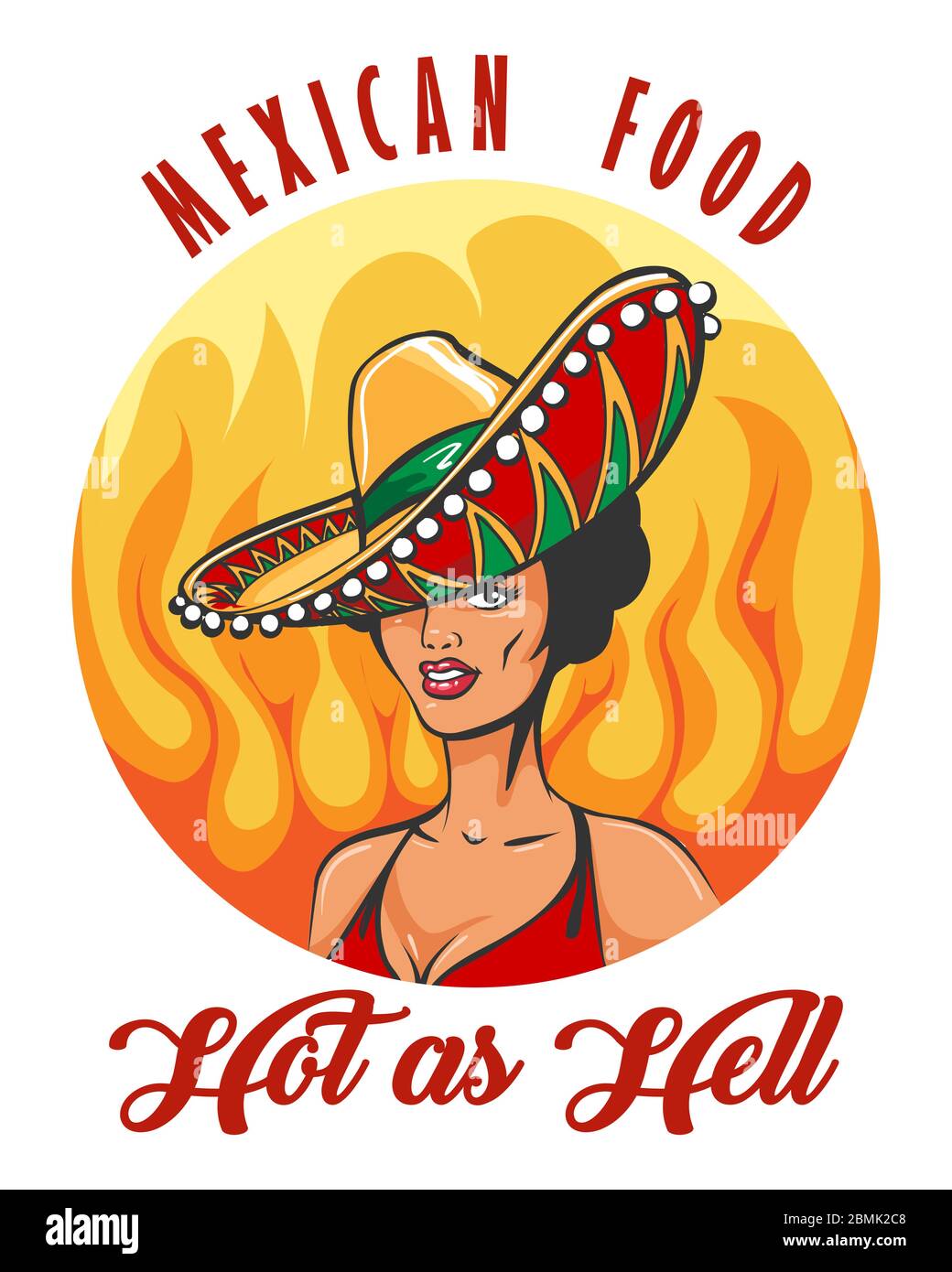 Mexikanisches Essen mit hübschen Frau in Sombrero Hut im Retro-Stil gezeichnet. Vektorgrafik. Stock Vektor