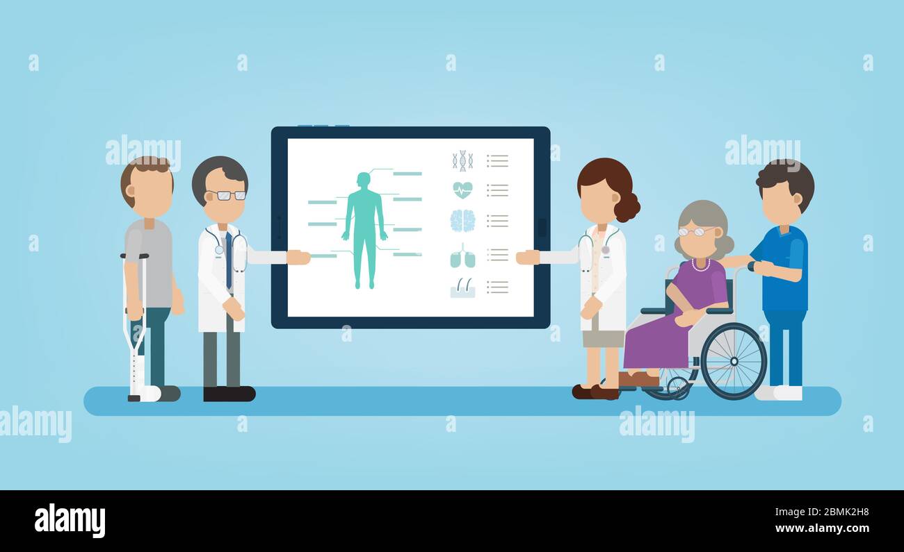 Health Check Konzept mit Arzt und digitalen Tablet-Display flaches Design Vektor Illustration Stock Vektor