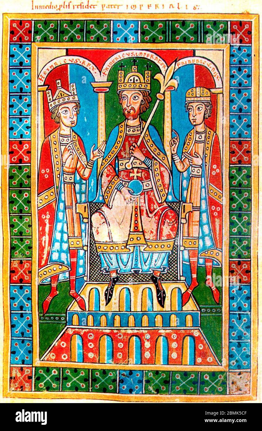 Friedrich I. Barbarossa und seine Söhne König Heinrich VI. Und Herzog Friedrich VI Mittelalterliche Illustration aus der Chronik der Guelfen (Kloster Weingarten, 1179-1191). Stockfoto
