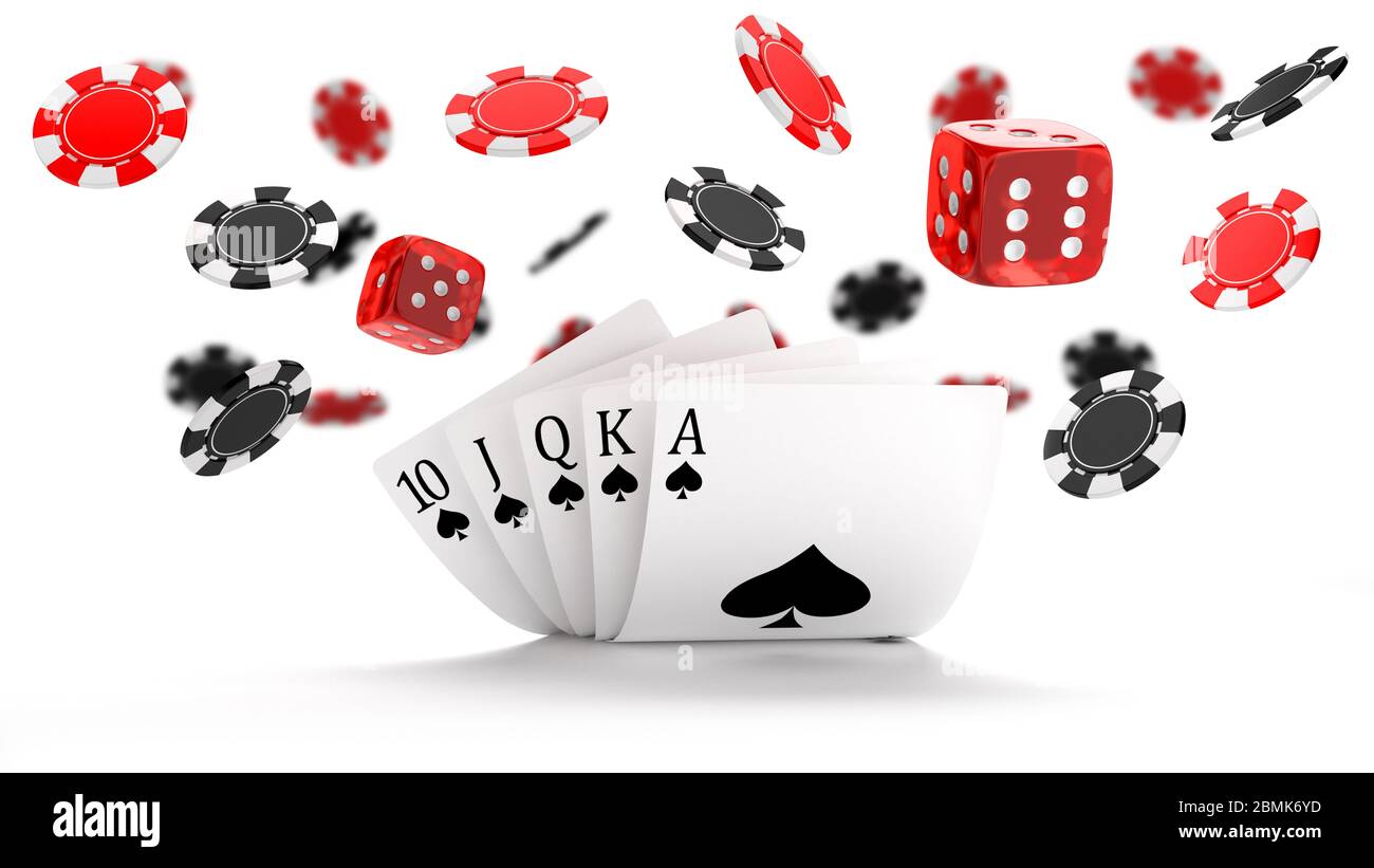 Casino Hintergrund mit Royal Flush Hand Kombination, Würfel und fliegende schwarze und rote Chips Stockfoto