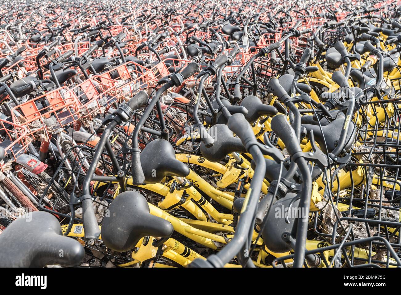 Shanghai, China - 26. Februar 2018: Die Fülle von Gemeinschaftsfahrrädern wirrelt auf einem Parkplatz Stockfoto